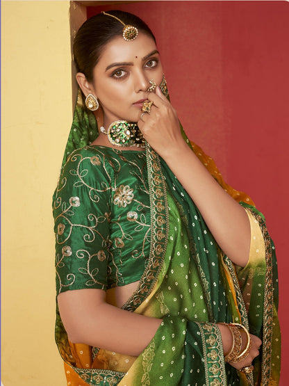 Green Leheriya Coding Border Foil Chiffon Saree (Pre-Order)