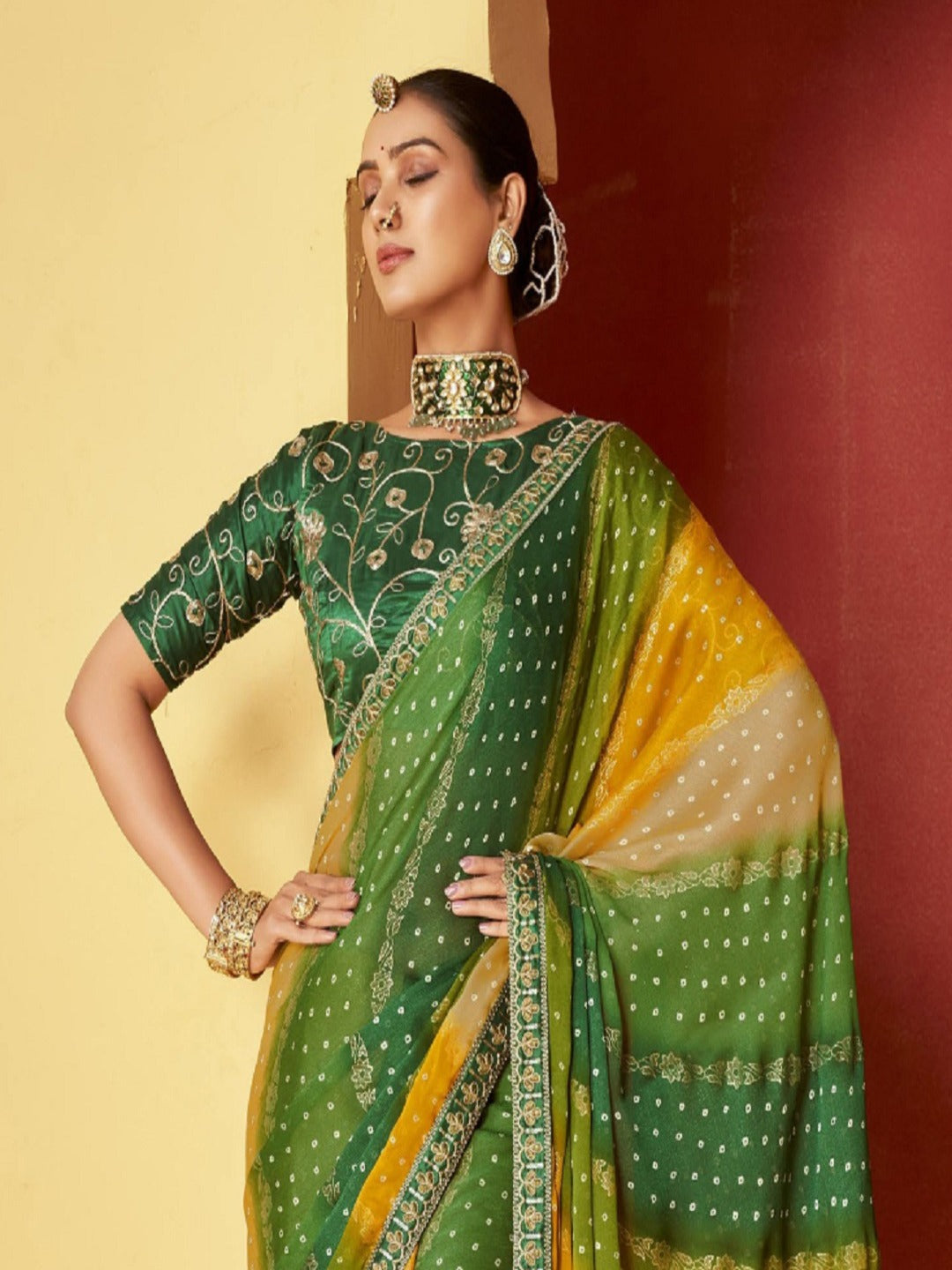 Green Leheriya Coding Border Foil Chiffon Saree (Pre-Order)