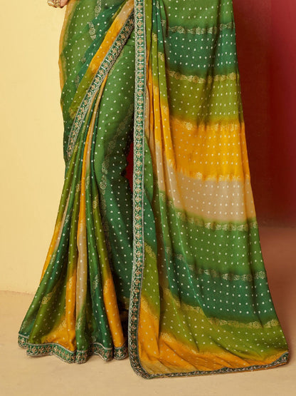Green Leheriya Coding Border Foil Chiffon Saree (Pre-Order)
