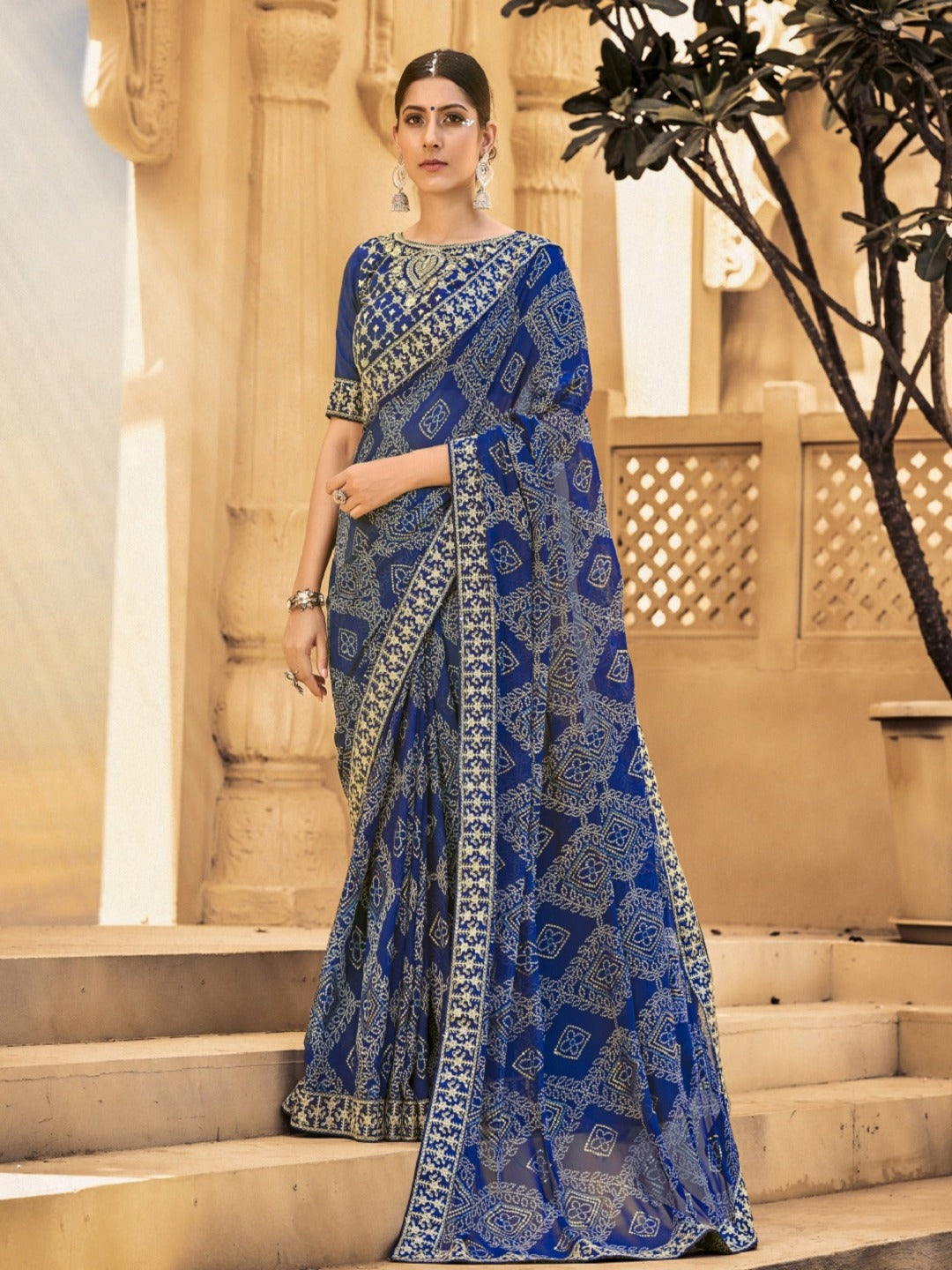 Blue Bhandej Printed Georgette Saree (Pre-Order)