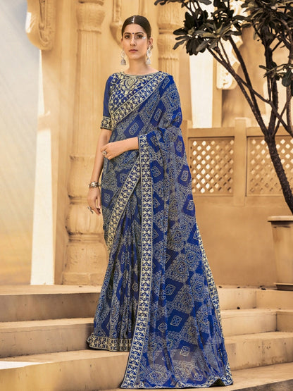 Blue Bhandej Printed Georgette Saree