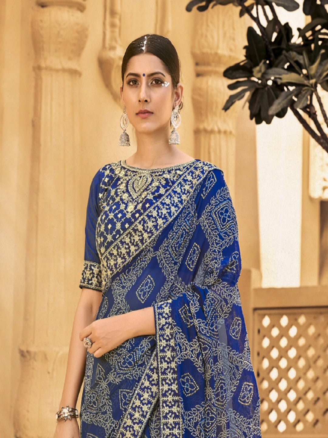 Blue Bhandej Printed Georgette Saree