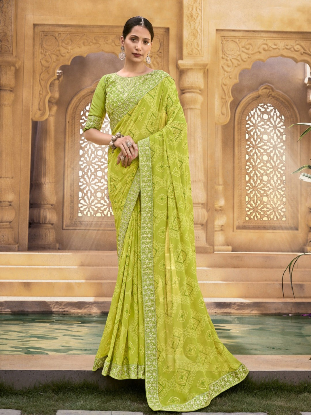 Green Bhandej Printed Georgette Saree (Pre-Order)