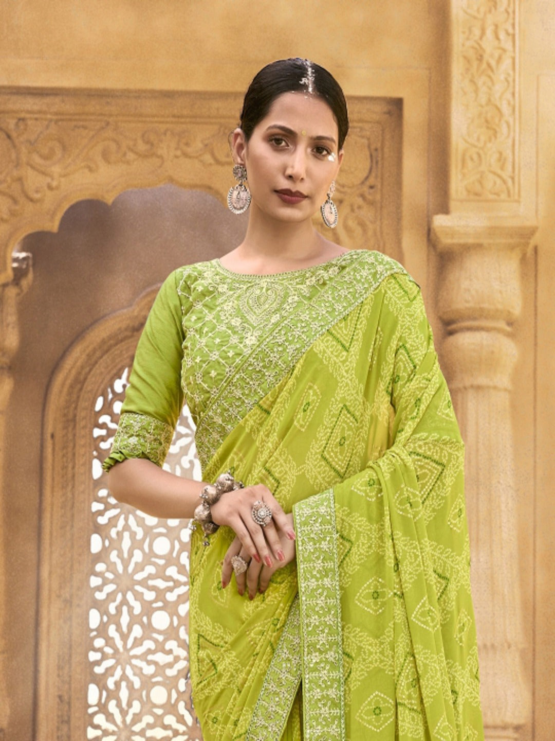 Green Bhandej Printed Georgette Saree