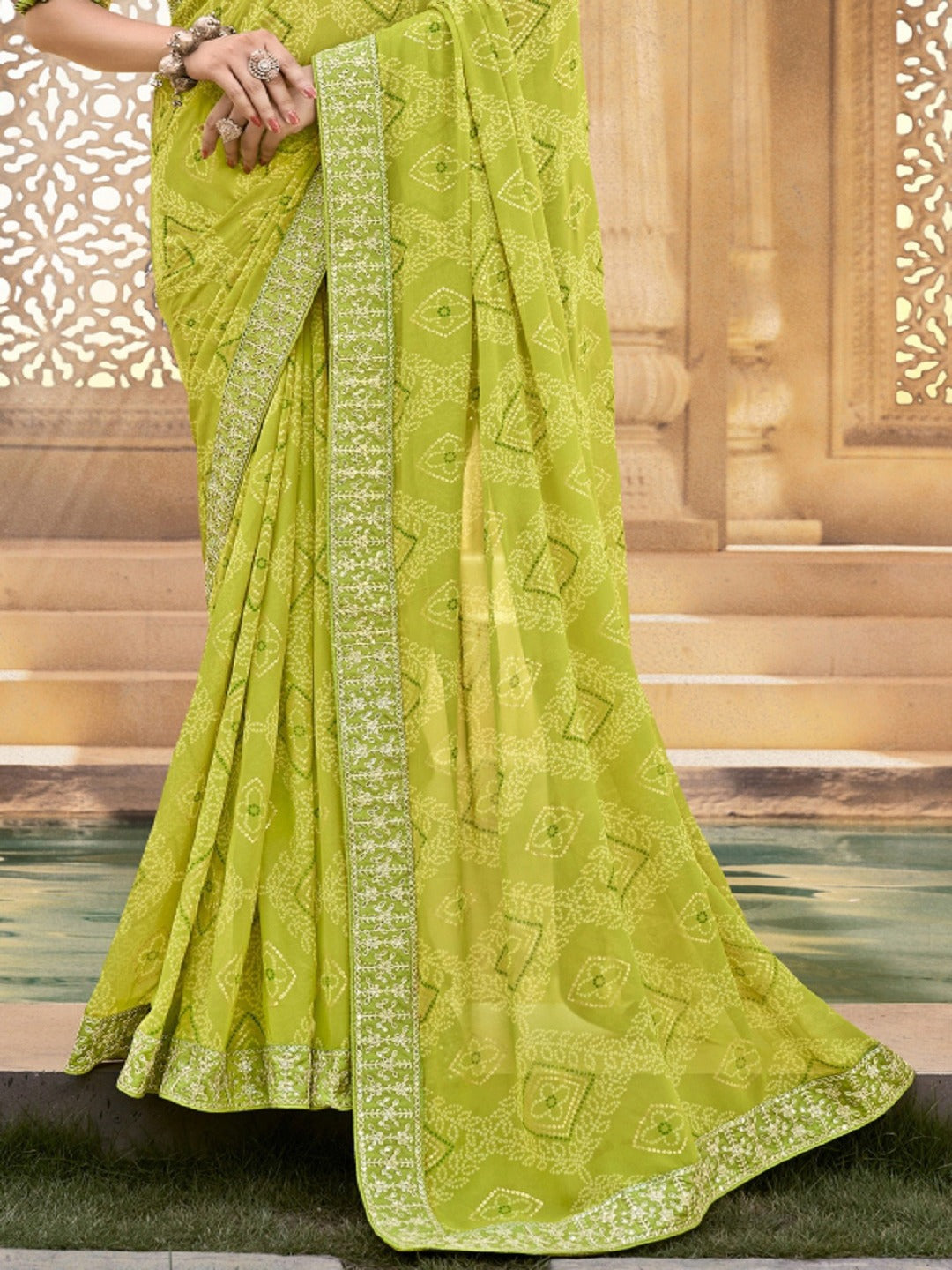 Green Bhandej Printed Georgette Saree (Pre-Order)