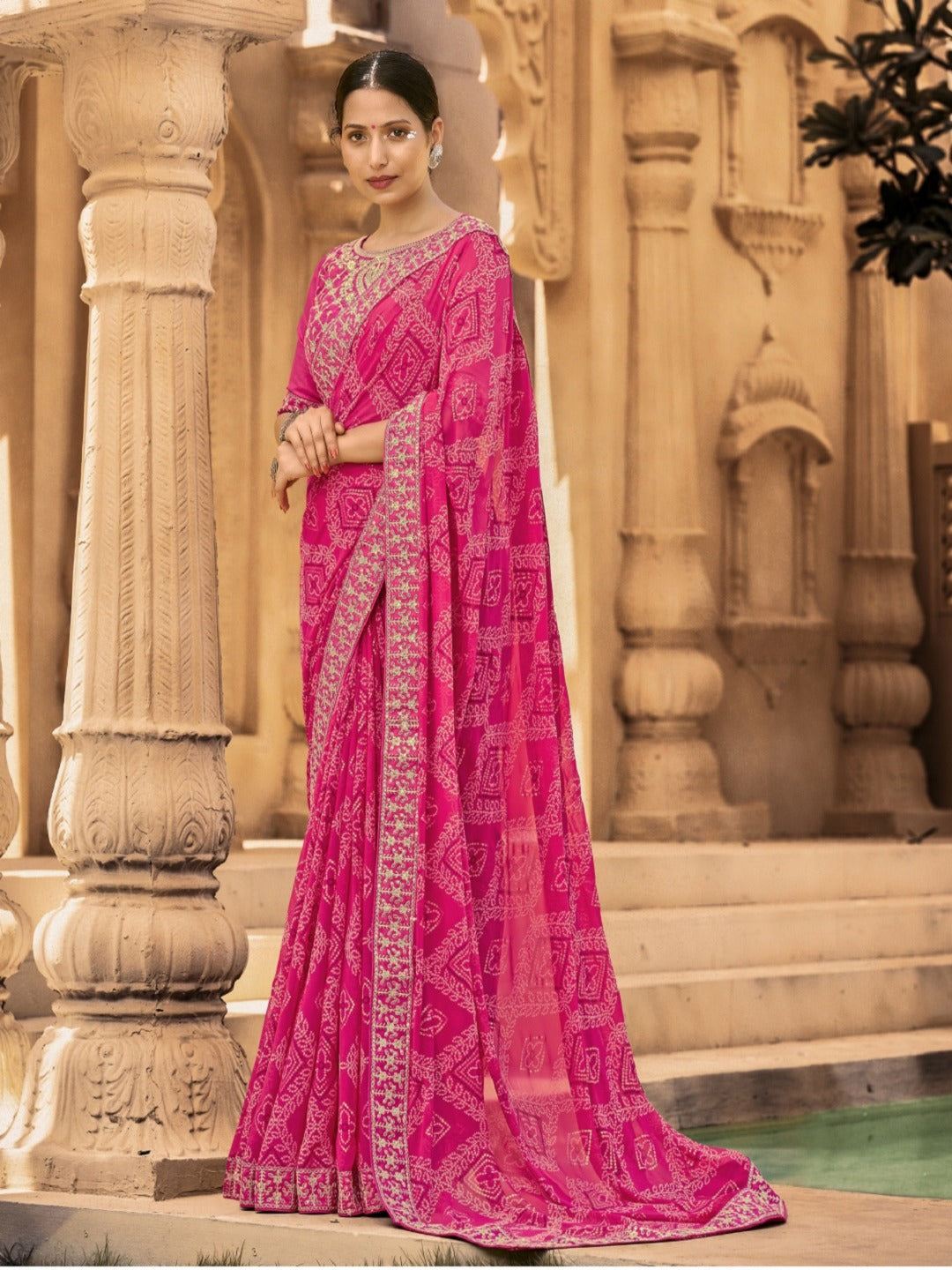 Magenta Bhandej Printed Georgette Saree