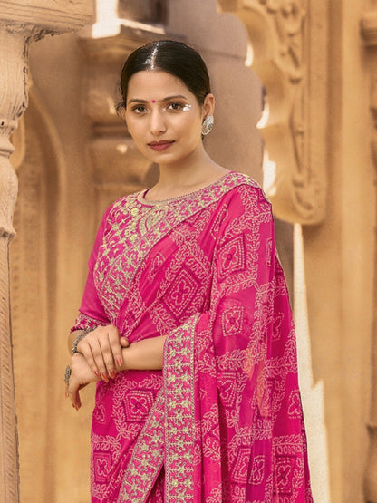 Magenta Bhandej Printed Georgette Saree (Pre-Order)
