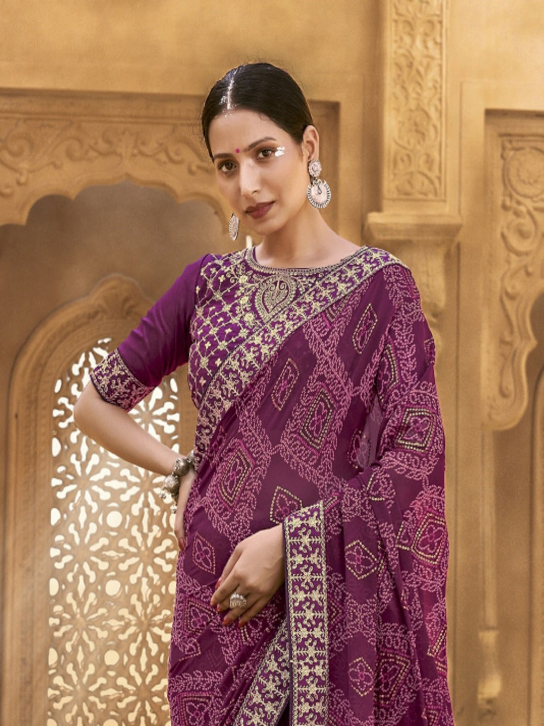 Wine Bhandej Printed Georgette Saree (Pre-Order)