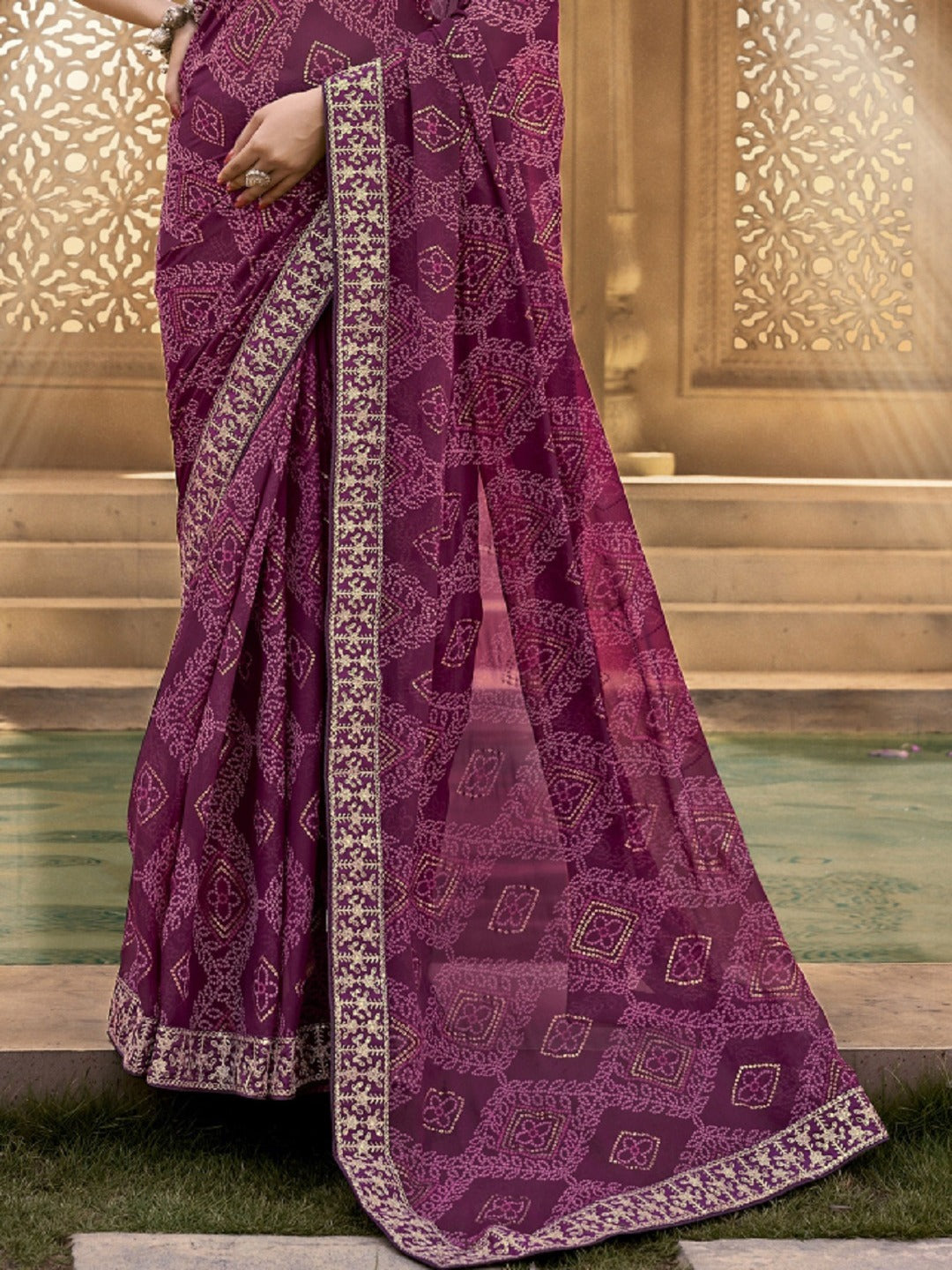 Wine Bhandej Printed Georgette Saree (Pre-Order)