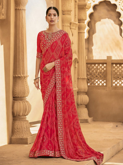 Red Bhandej Printed Georgette Saree