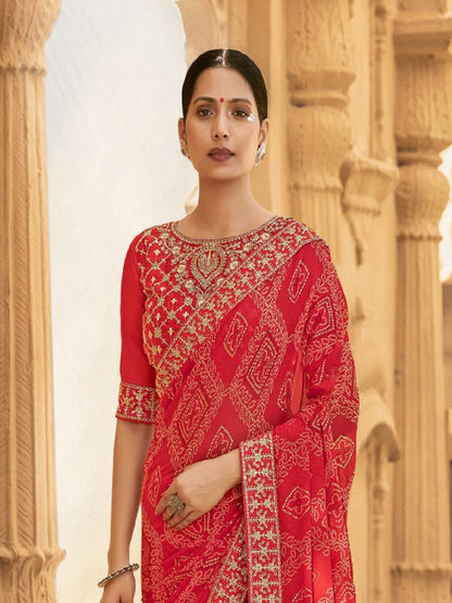 Red Bhandej Printed Georgette Saree