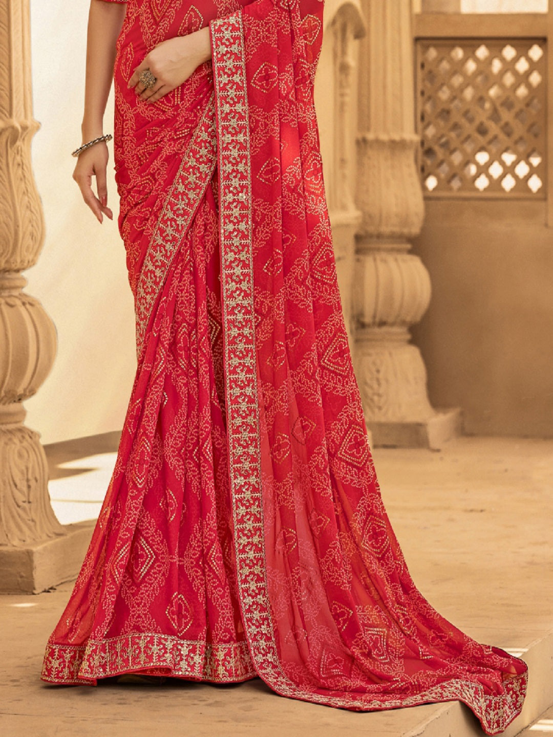 Red Bhandej Printed Georgette Saree