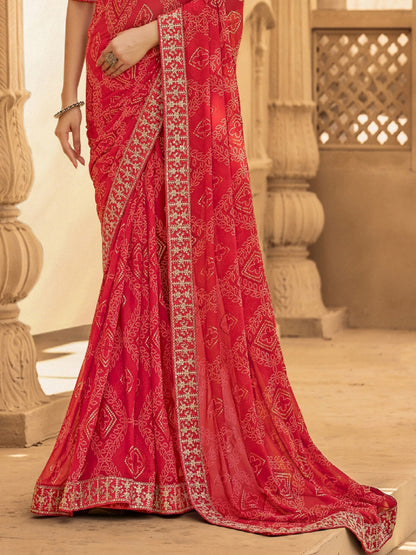 Red Bhandej Printed Georgette Saree