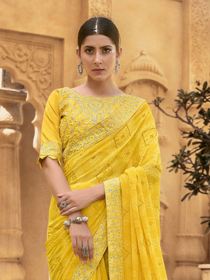 Mustard Bhandej Printed Georgette Saree