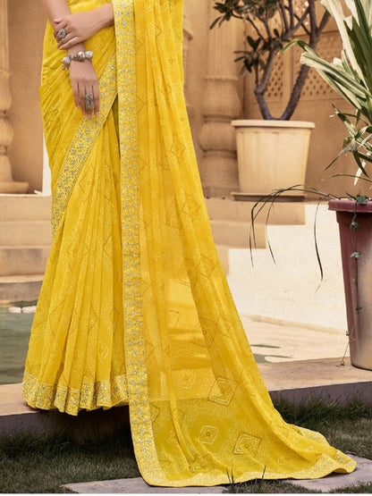 Mustard Bhandej Printed Georgette Saree (Pre-Order)