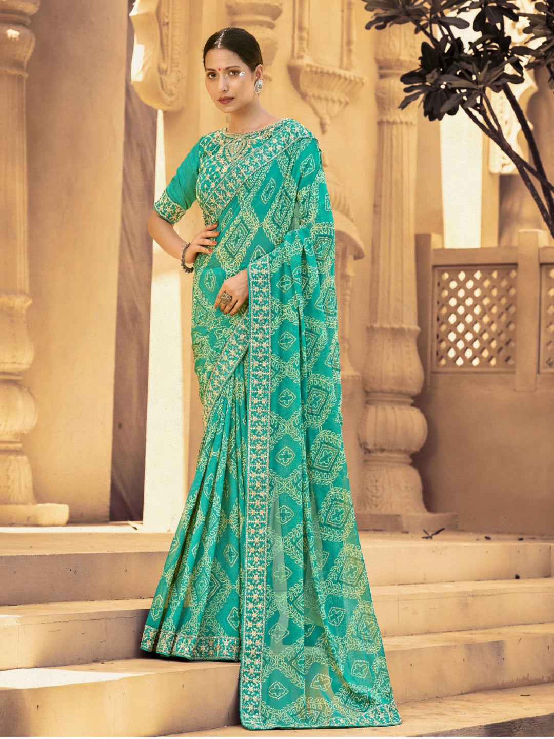 Turquoise Bhandej Printed Georgette Saree