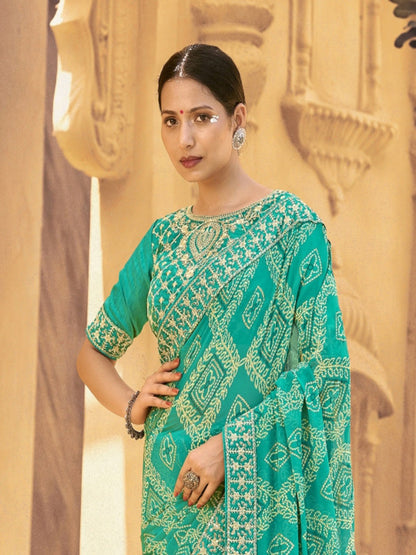 Turquoise Bhandej Printed Georgette Saree