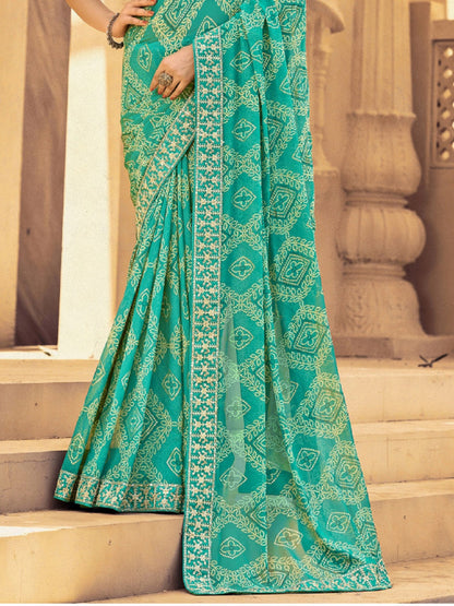 Turquoise Bhandej Printed Georgette Saree (Pre-Order)