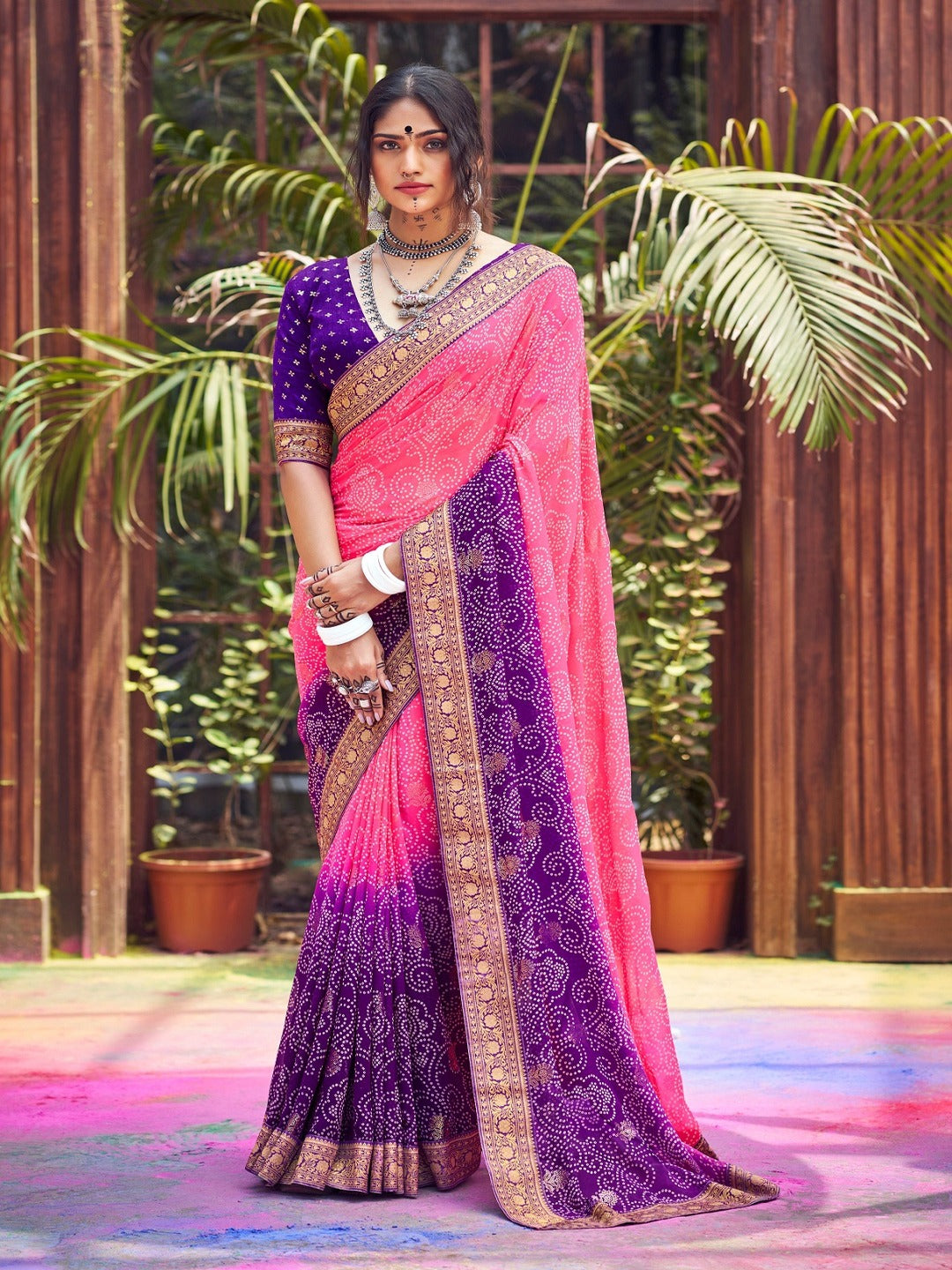 Purple Bhandej Foil Print Georgette Saree (Pre-Order)