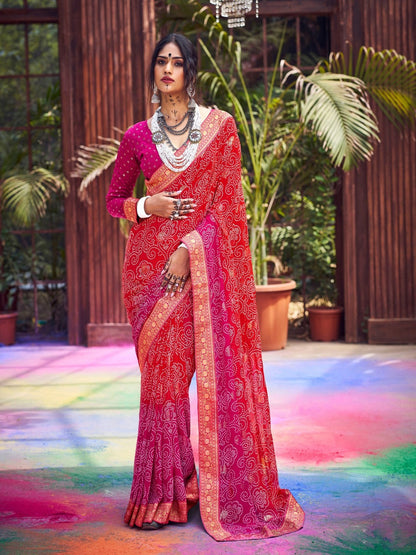 Magenta Bhandej Foil Print Georgette Saree (Pre-Order)