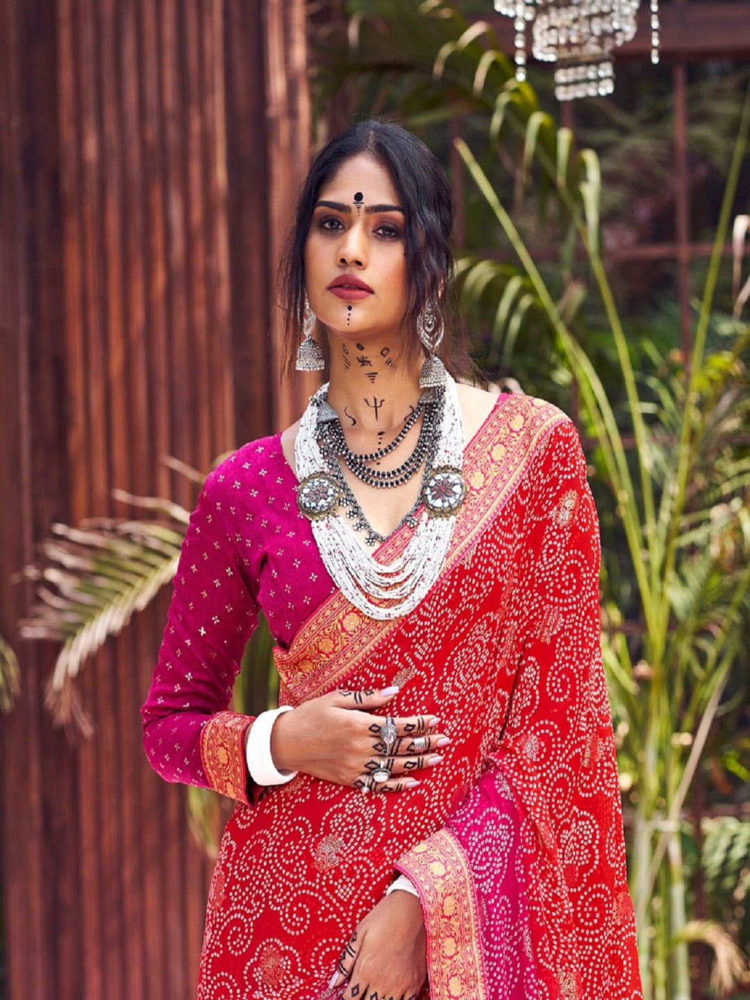 Magenta Bhandej Foil Print Georgette Saree