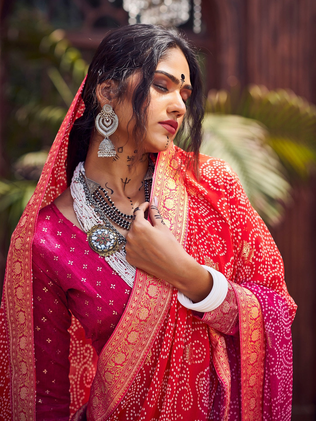 Magenta Bhandej Foil Print Georgette Saree