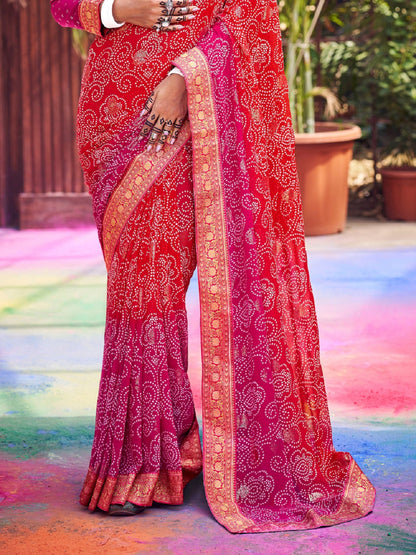 Magenta Bhandej Foil Print Georgette Saree (Pre-Order)