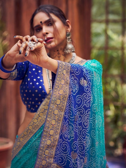 Blue Bhandej Foil Print Georgette Saree (Pre-Order)