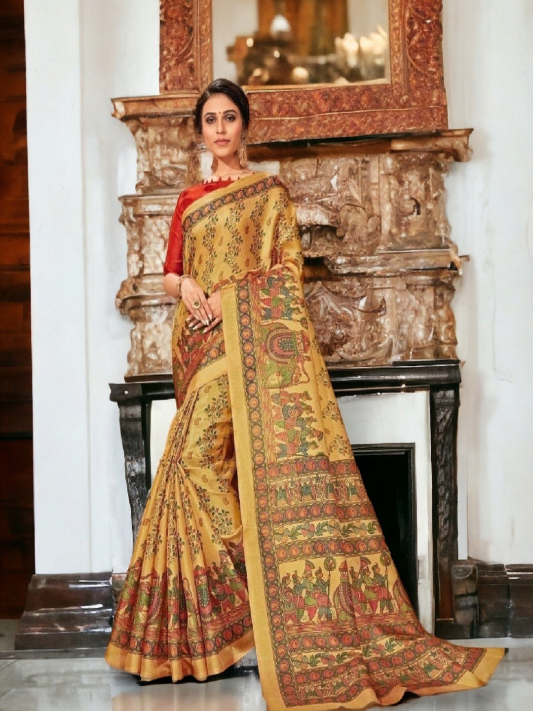 Mustard Traditional Folklore Printed Silk Saree (Pre-Order)