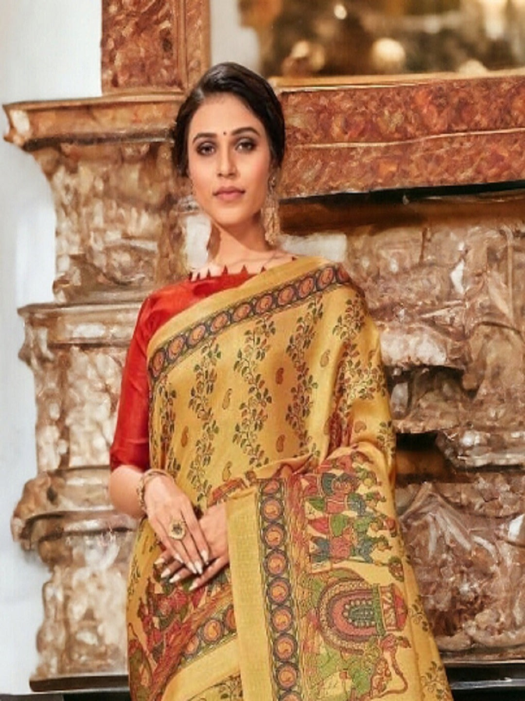Mustard Traditional Folklore Printed Silk Saree (Pre-Order)