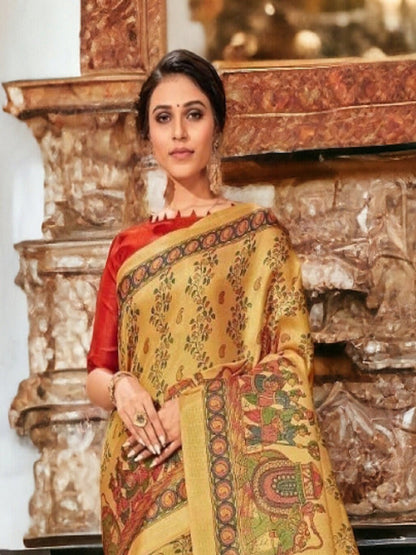 Mustard Traditional Folklore Printed Silk Saree (Pre-Order)