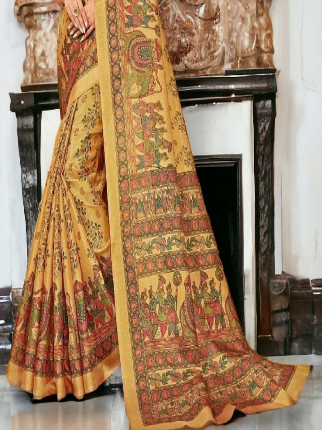 Mustard Traditional Folklore Printed Silk Saree (Pre-Order)