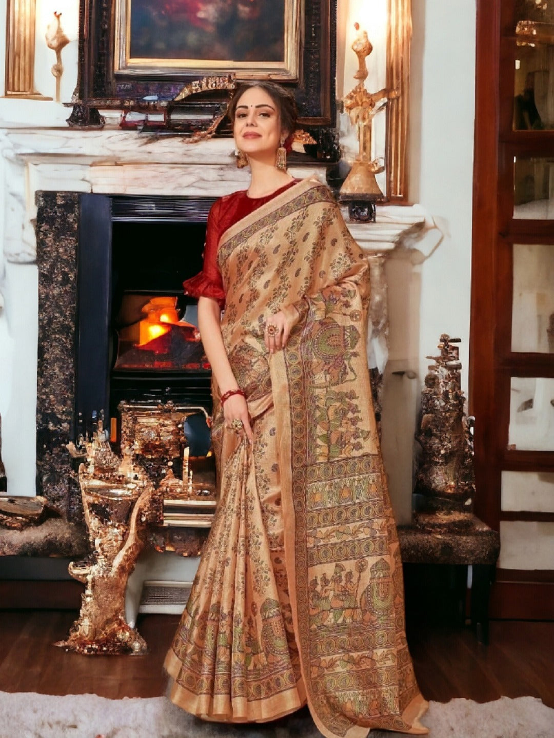 Peach Traditional Folklore Printed Silk Saree