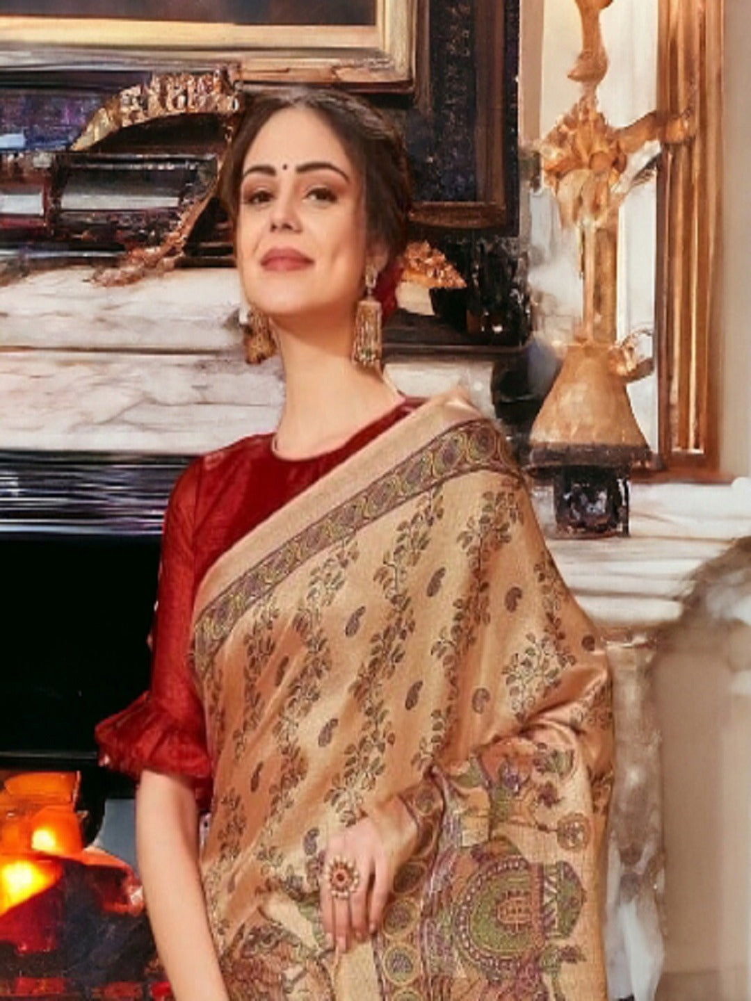 Peach Traditional Folklore Printed Silk Saree