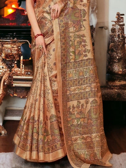 Peach Traditional Folklore Printed Silk Saree