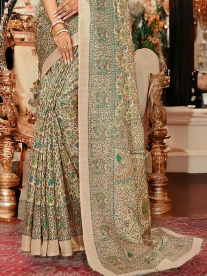 Beige Traditional Floral  Silk Saree (Pre-Order)