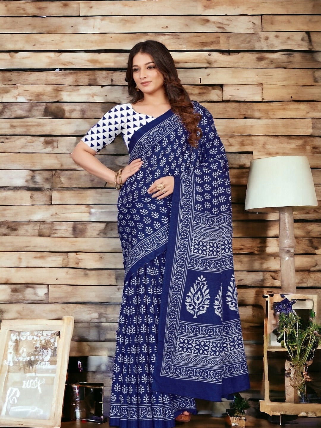 Beige Traditional Dabu Print Kumari Silk Saree (Pre-Order)