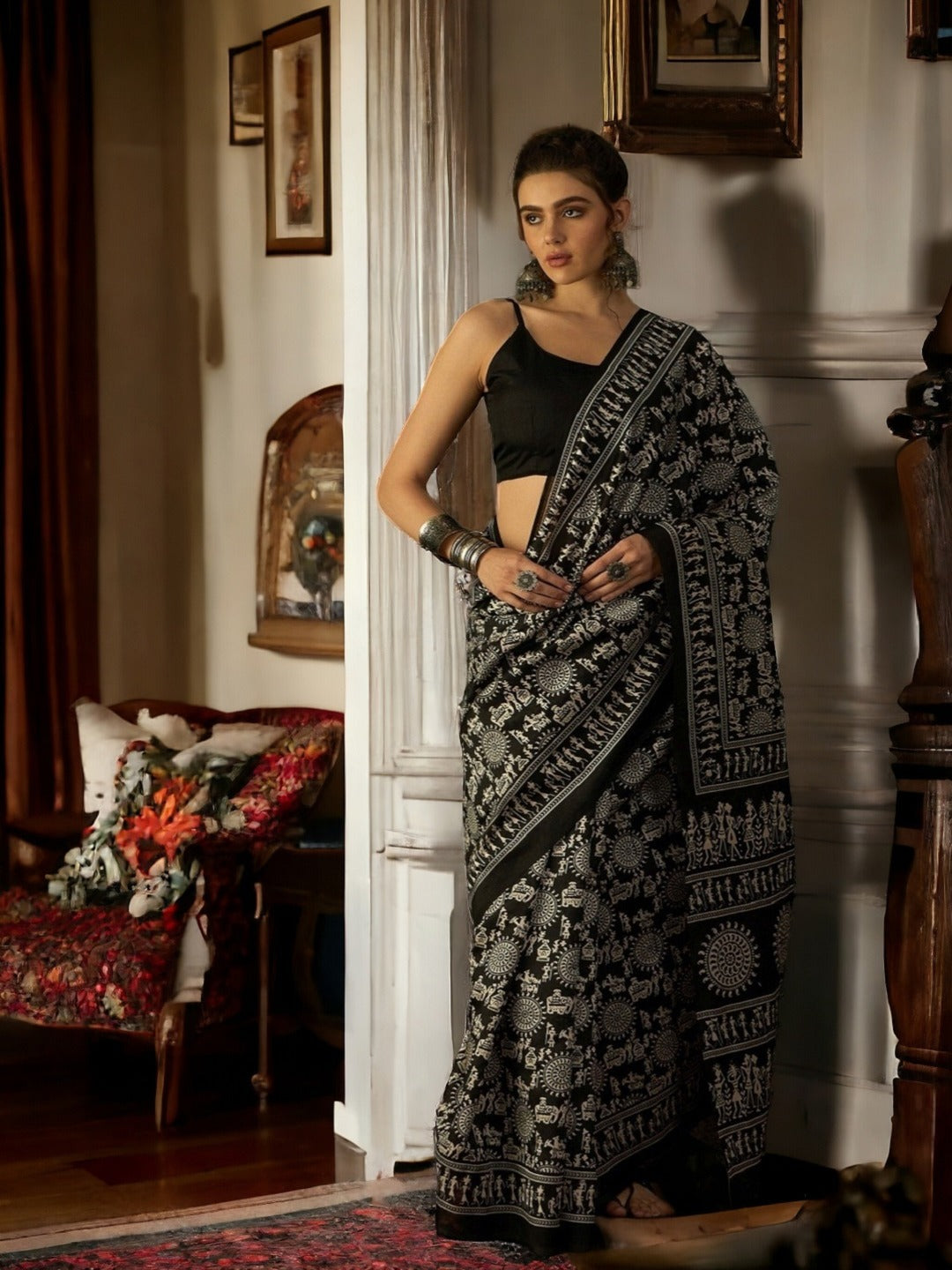 Black Traditional Folklore Printed Bhagalpuri Silk Saree (Pre-Order)