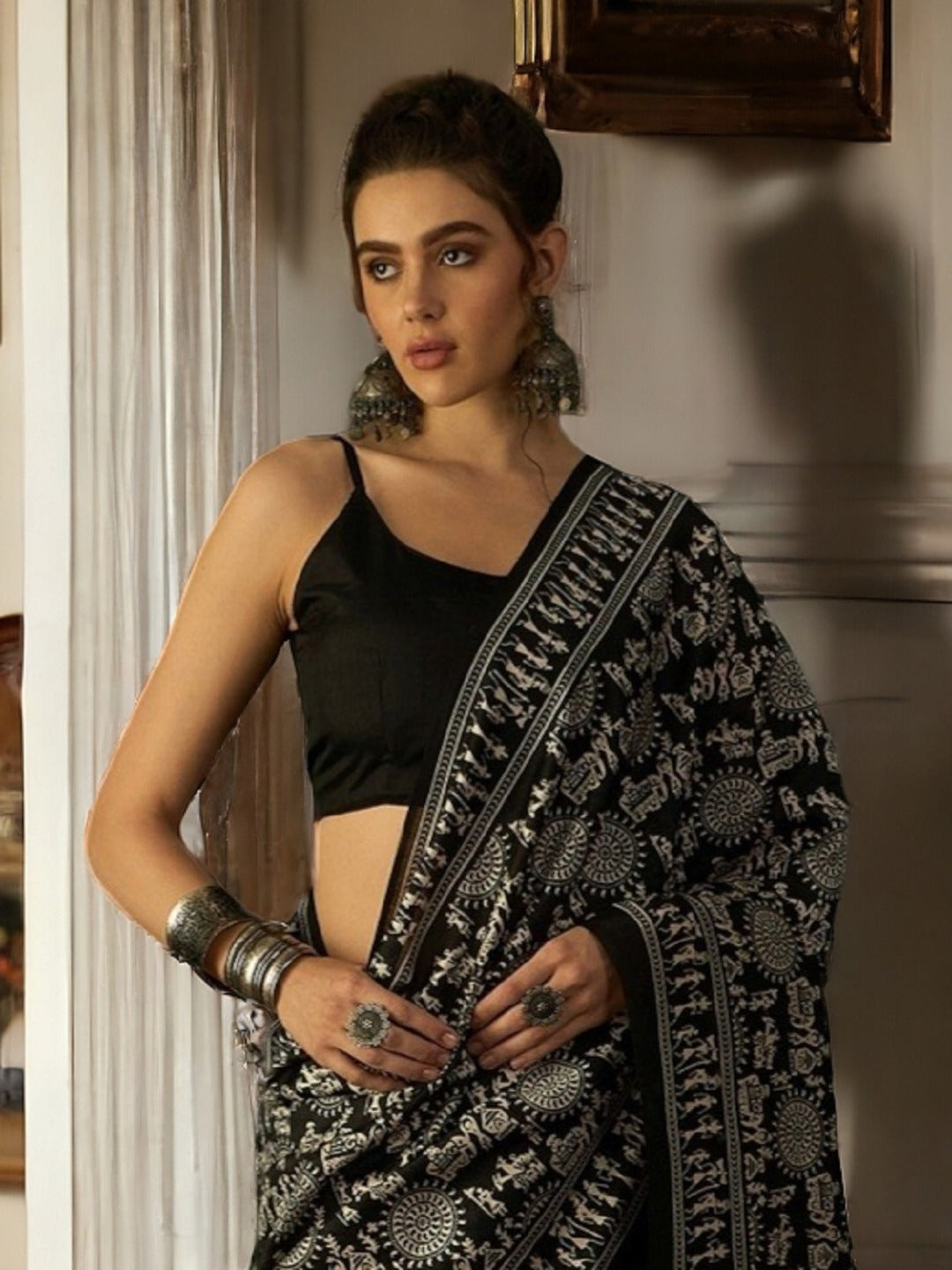 Black Traditional Folklore Printed Bhagalpuri Silk Saree
