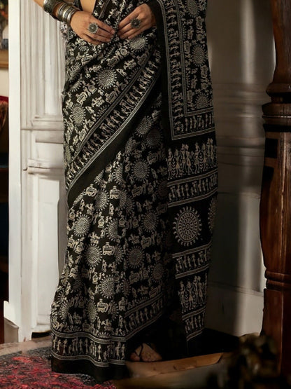 Black Traditional Folklore Printed Bhagalpuri Silk Saree