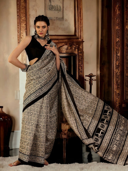 Off White Traditional Folklore Printed Bhagalpuri Silk Saree (Pre-Order)