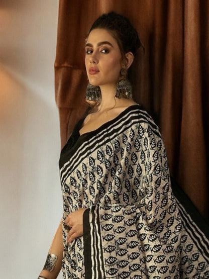 Off White Traditional Dabu Print Bhagalpuri Silk Saree (Pre-Order)