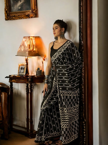 Black Traditional Dabu Print Bhagalpuri Silk Saree