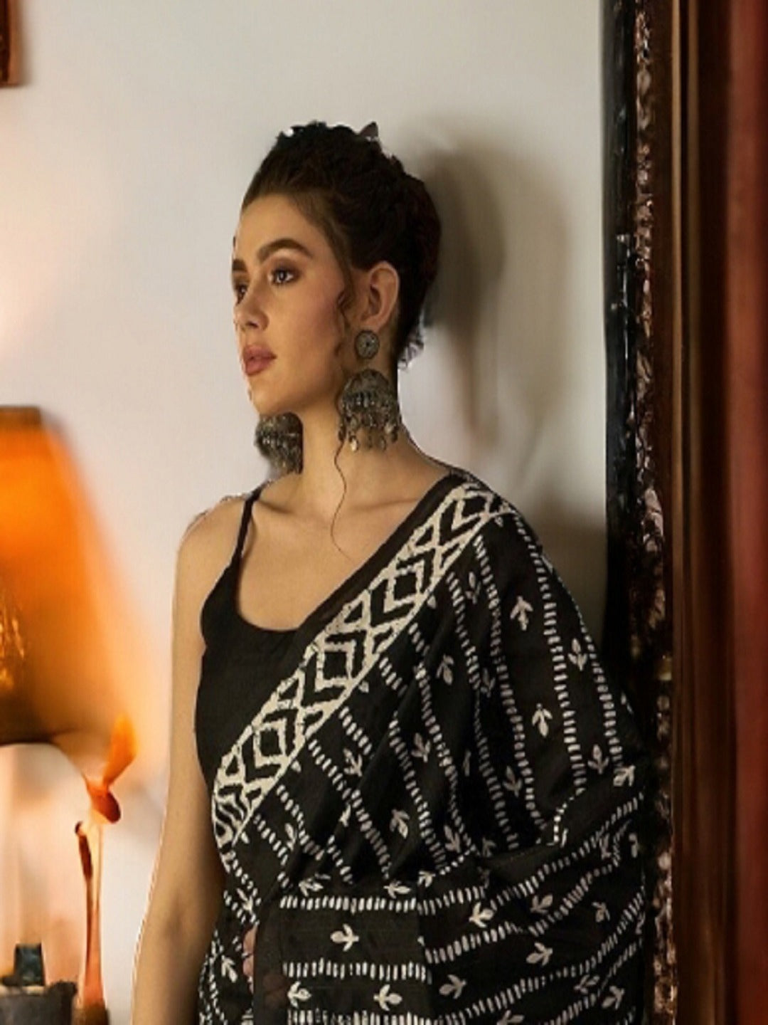 Black Traditional Dabu Print Bhagalpuri Silk Saree (Pre-Order)