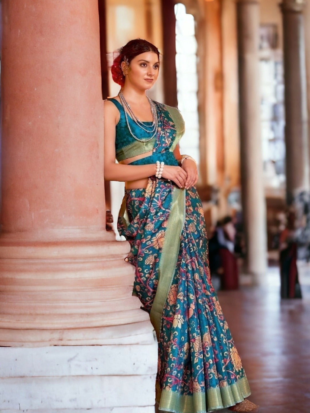 Teal Traditional Floral Printed Manipuri Silk Saree