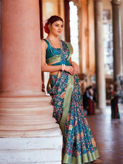 Teal Traditional Floral Printed Manipuri Silk Saree