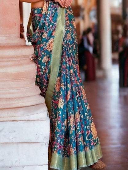 Teal Traditional Floral Printed Manipuri Silk Saree (Pre-Order)