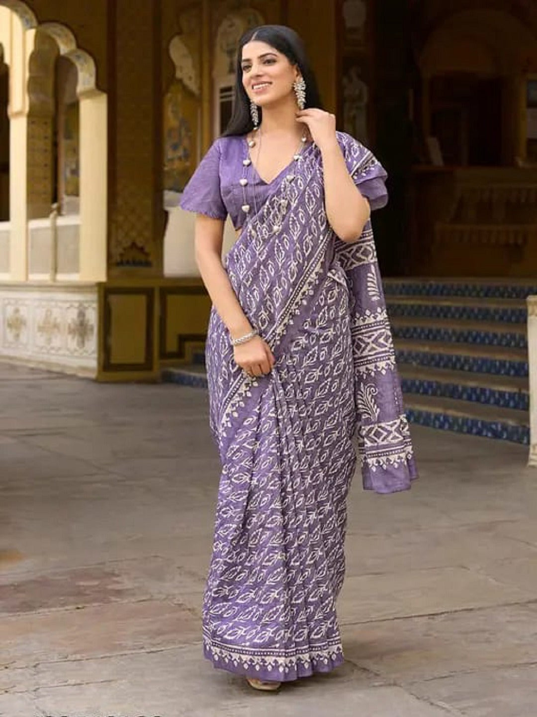 Lavender Ethnic Dabu Printed Bhagalpuri Silk Saree (Pre-Order)