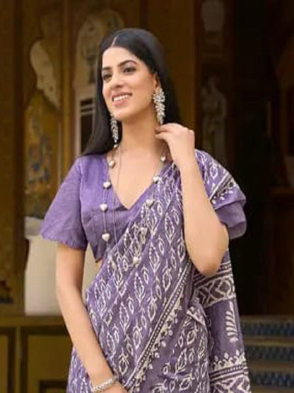 Lavender Ethnic Dabu Printed Bhagalpuri Silk Saree