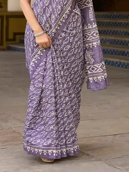 Lavender Ethnic Dabu Printed Bhagalpuri Silk Saree (Pre-Order)